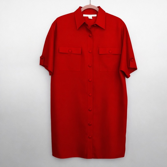 MariAnna Dresses & Skirts - New MariAnna Red 100% Silk Utility Shirt Dress Lined Vintage 90s Quiet Luxury 14